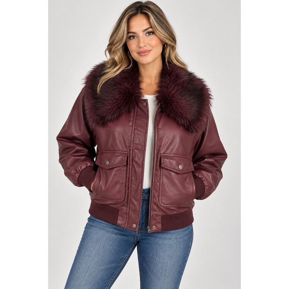 Wild Fable Burgundy Faux Leather Bomber Jacket Removable Faux Fur Collar Size S